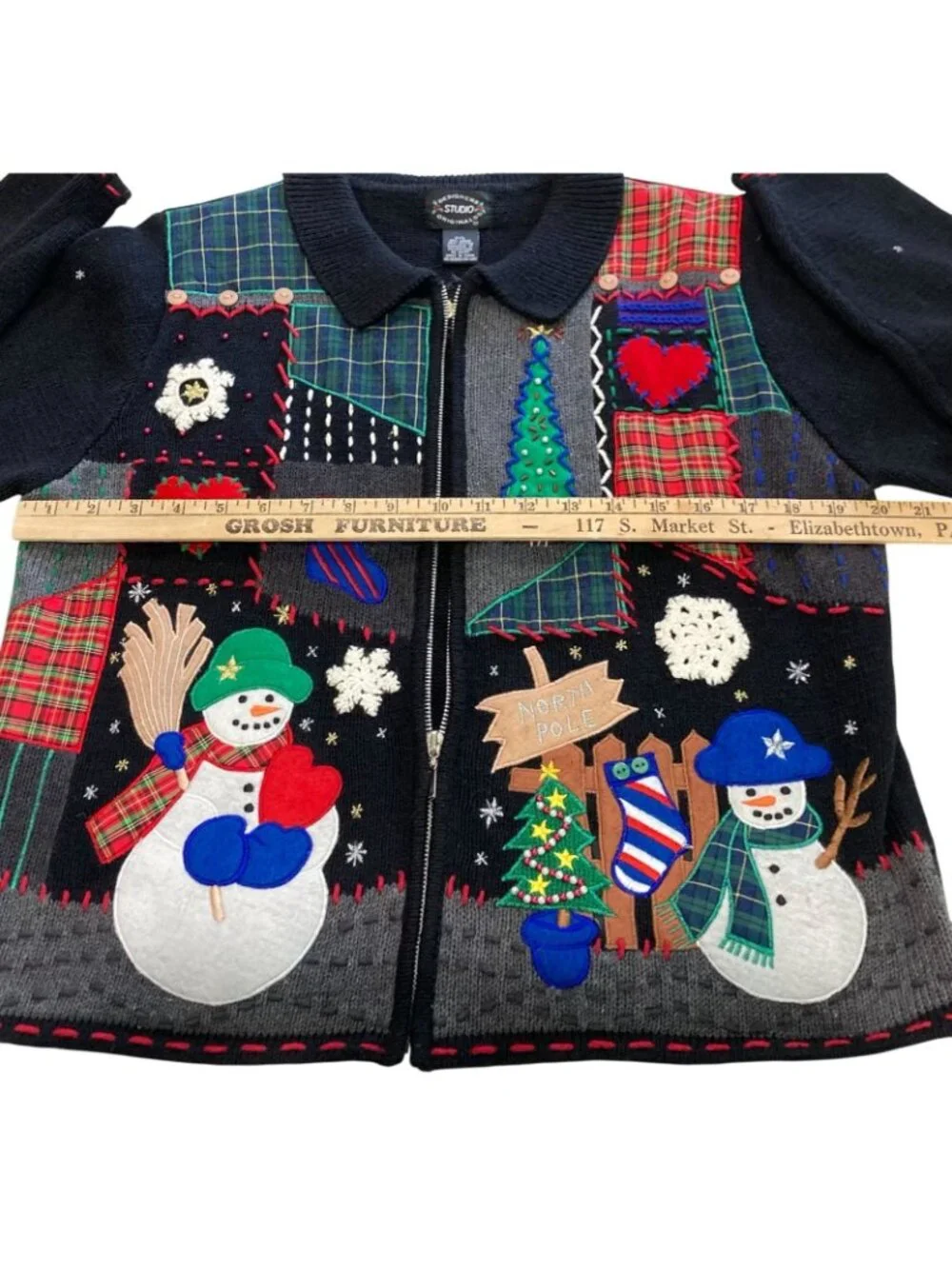 Designers Studio Patchwork Christmas Cardigan PL Black Sweater Snowman Holiday